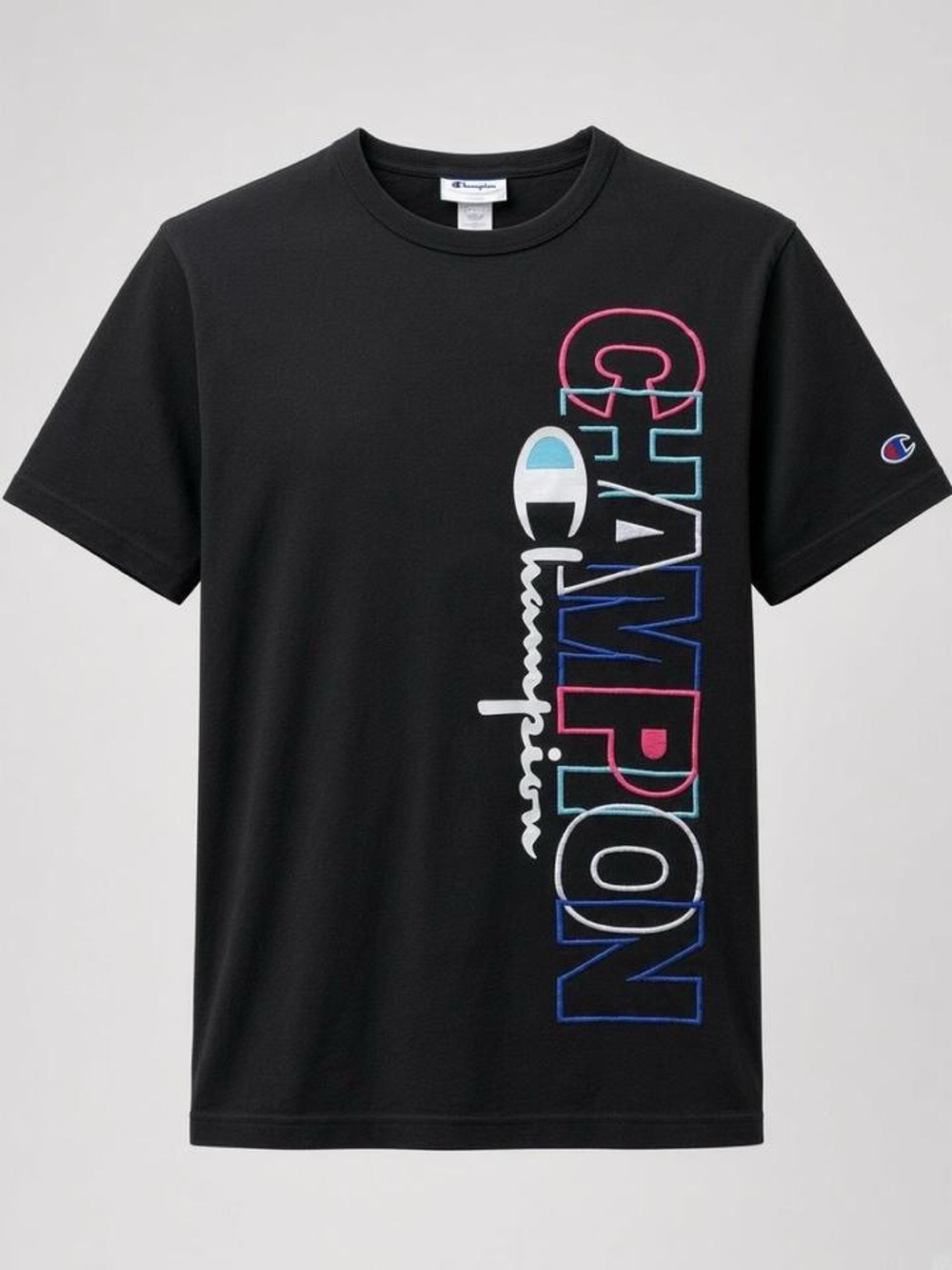 Champion Black Short Sleeve Tee with Multicolor Vertical Logo